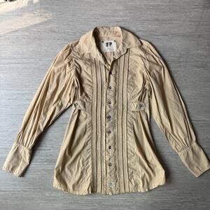 Free People Ruched Button Up Western Cottagecore Shirt Size 6 Long Sleeve Ivory